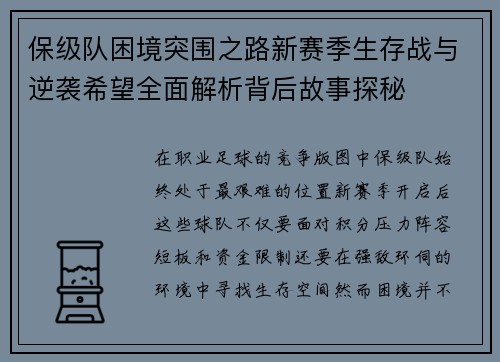 保级队困境突围之路新赛季生存战与逆袭希望全面解析背后故事探秘